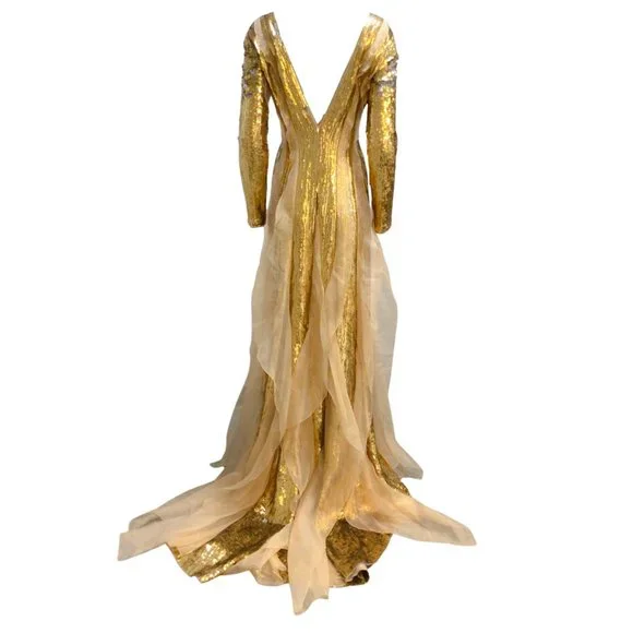 Carolina Herrera Gold Sequined Embellished Long Sleeved Full-length Gown / Forma - Picture 3 of 5
